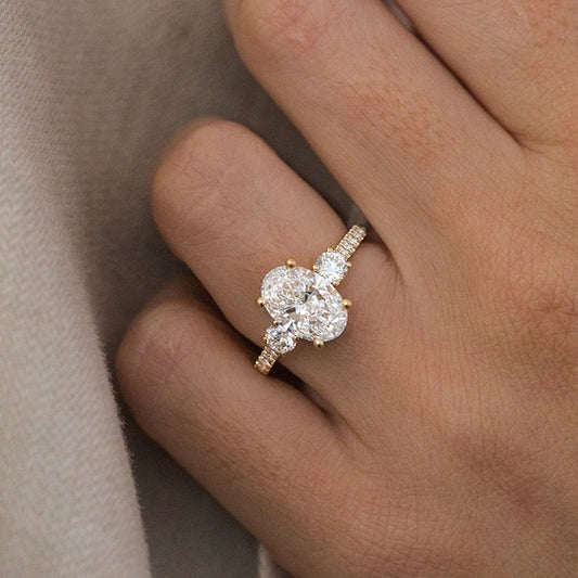 3.30 Carat Lab Grown Oval Diamond Trilogy Crown Engagement Ring in 14K Yellow Gold