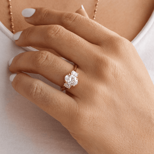 2.05 Carat Lab Grown Oval Diamond Trilogy Bridge Daisy Engagement Ring in 14K Yellow Gold