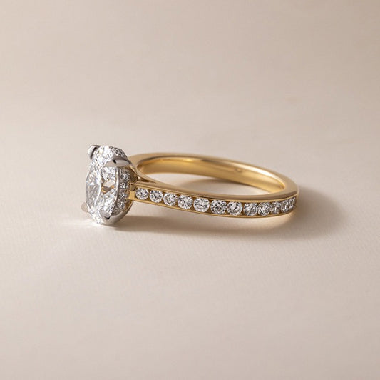 1.70 Carat Lab Grown Oval Diamond Hidden Halo Channel Set Two Tone Kate Engagement Ring in Platinum