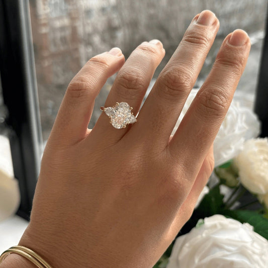 4.50 Carat Lab Grown Oval Diamond Trilogy Ciara Engagement Ring in 14K Yellow Gold