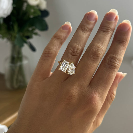 6.00 Carat Lab Grown Emerald Ring Ring Toi Et Moi Engagement Ring in 14K Yellow Gold