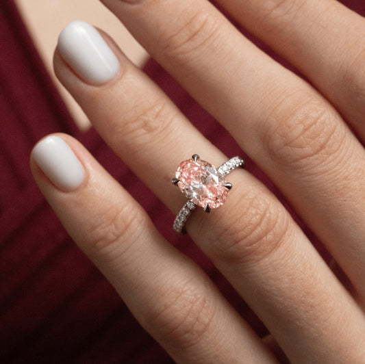 2.80 Carat Lab Grown Oval Diamond Pink Hidden Halo Pave Kate Engagement Ring in Platinum