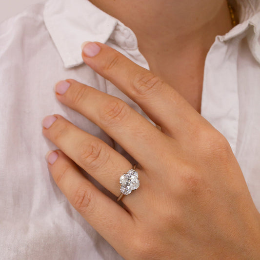 1.87 Carat Lab Grown Oval Diamond Half Moon Trilogy Engagement Ring in Platinum