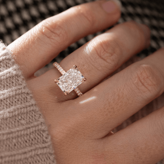3.80 Carat Lab Grown Radiant Diamond Hidden Halo Band Aisha Engagement Ring in 14K Yellow Gold