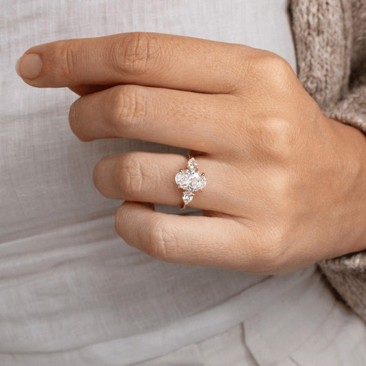 2.30 Carat Lab Grown Oval Diamond Vivian Trilogy Engagement Ring in 14K Yellow Gold