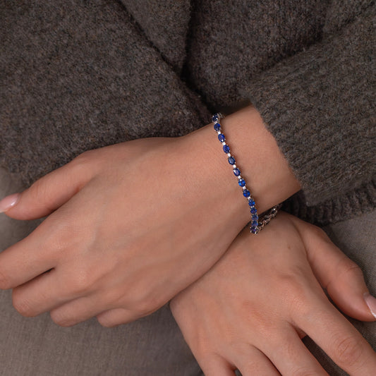 8.96 Carat Lab Grown Oval And Round Sapphire Bracelet in 14K White Gold