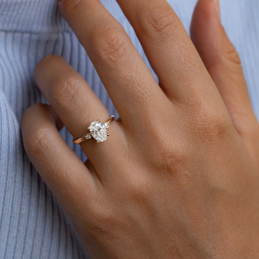 1.26 Carat Lab Grown Oval Diamond Trilogy Ring Alani Engagement Ring in 14K Yellow Gold