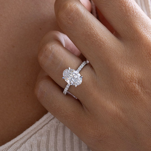 3.44 Carat Lab Grown Oval Diamond Hidden Halo Band Samara Engagement Ring in 14K White Gold