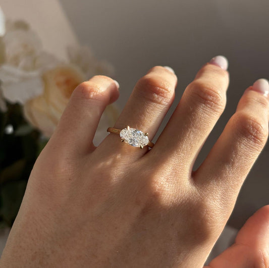 2.00 Carat Lab Grown Oval Diamond East West Solitaire Faith Engagement Ring in 14K Yellow Gold