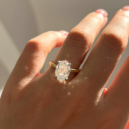 3.15 Carat Lab Grown Oval Diamond Hidden Halo Ring Two Tone Kate Engagement Ring in Platinum
