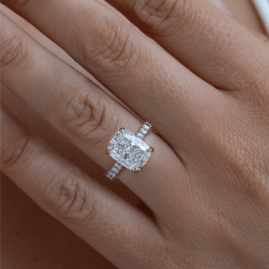 4.80 Carat Lab Grown Elongated Cushion Diamond Elongated Hidden Halo Aisha Engagement Ring in Platinum