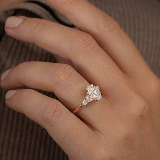 2.30 Carat Lab Grown Oval Diamond Trilogy Nanami Engagement Ring in 14K Yellow Gold