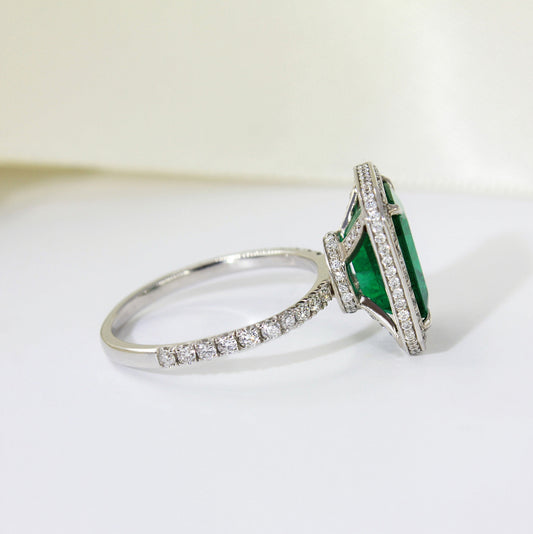 2.40 Carat Lab Grown Emerald Zambian Hidden Halo Engagement Ring in Platinum
