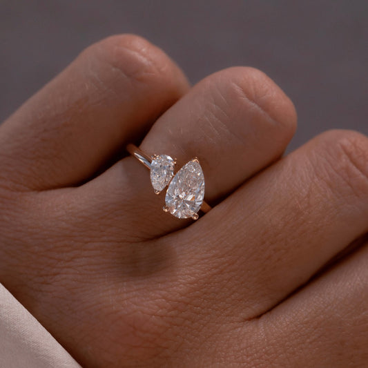 1.90 Carat Lab Grown Pear Diamond Toi Et Moi Engagement Ring in 14K Yellow Gold
