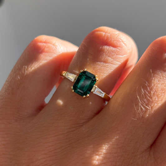 1.99 Carat Lab Grown Emerald Cut Trilogy Kenzo Engagement Ring in 14K Yellow Gold