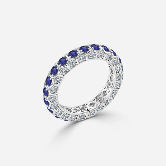 2.10 Carat Lab Grown Round Sapphire Hexa Blue Wedding Band in Platinum