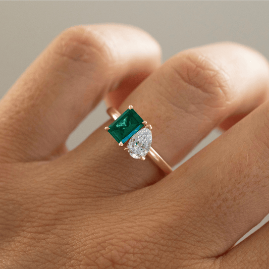 2.00 Carat Lab Grown Pear Emerald Green Toi Et Moi Engagement Ring in 14K Yellow Gold