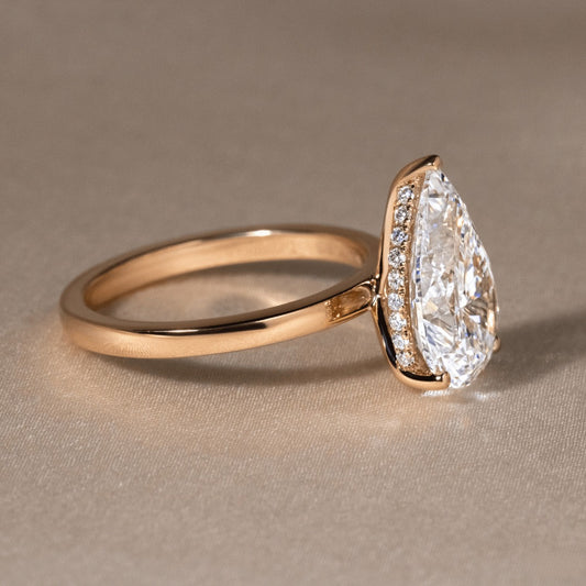 3.15 Carat Lab Grown Pear Diamond Kate Solitaire Hidden Halo Engagement Ring in 14K Rose Gold