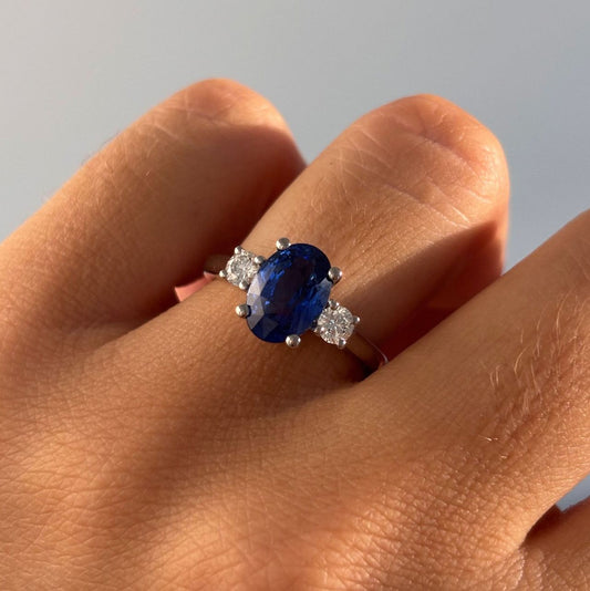 3.43 Carat Lab Grown Oval Sapphire Blue Three Avalon Engagement Ring in Platinum