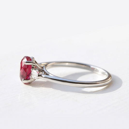 1.60 Carat Lab Grown Oval Ruby Trilogy Engagement Ring in Platinum