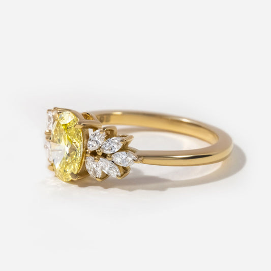 1.30 Carat Lab Grown Oval Gemstone Fancy Yellow Trilogy Engagement Ring in 14K Yellow Gold