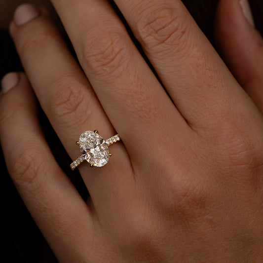 3.25 Carat Lab Grown Oval Diamond Hidden Halo Band Aisha Engagement Ring in 14K Yellow Gold