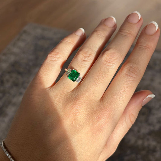 2.70 Carat Natural Emerald Natural Cut Green Trilogy Bespoke Engagement Ring in Platinum