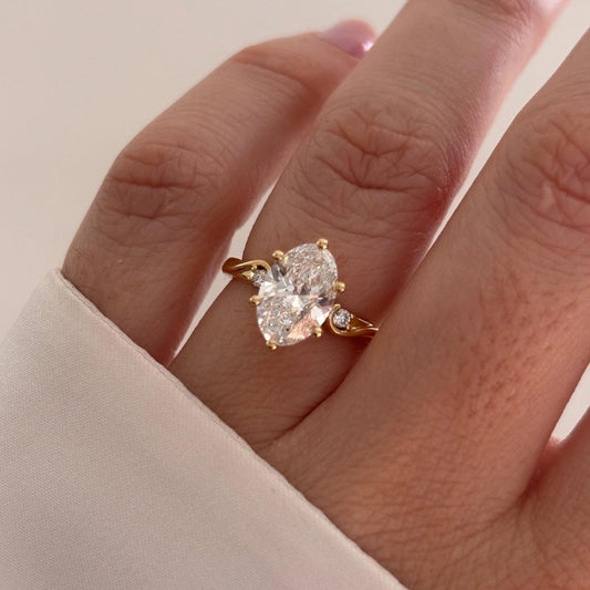 2.10 Carat Lab Grown Oval Diamond Trilogy Alani Engagement Ring in 14K Yellow Gold