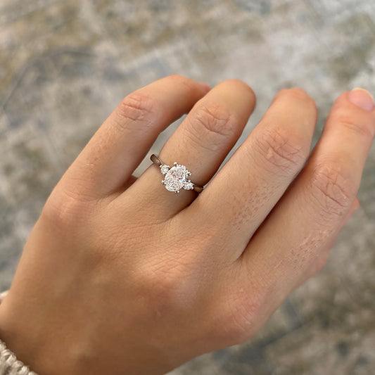 1.10 Carat Lab Grown Oval Diamond Trilogy Clare Engagement Ring in Platinum