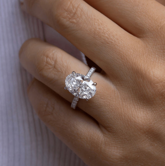 5.40 Carat Lab Grown Oval Diamond Hidden Halo Samara Engagement Ring in Platinum