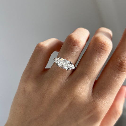 2.30 Carat Lab Grown Elongated Cushion Diamond Elongated East West Trilogy Ring Two Tone Manilla Engagement Ring in Platinum