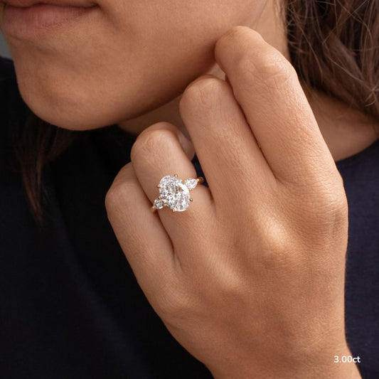 3.30 Carat Lab Grown Oval Diamond Trilogy Ring Vivian Engagement Ring in 14K Yellow Gold