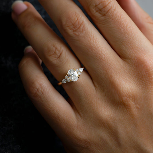1.30 Carat Lab Grown Oval Diamond Trilogy Nanami Engagement Ring in 14K Yellow Gold