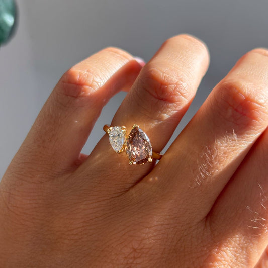 2.10 Carat Lab Grown Pear Diamond Brown Toi Et Moi Engagement Ring in 14K Yellow Gold