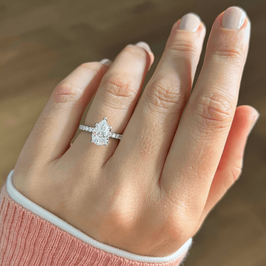 1.85 Carat Lab Grown Pear Diamond Hidden Halo Band Jennifer Engagement Ring in Platinum