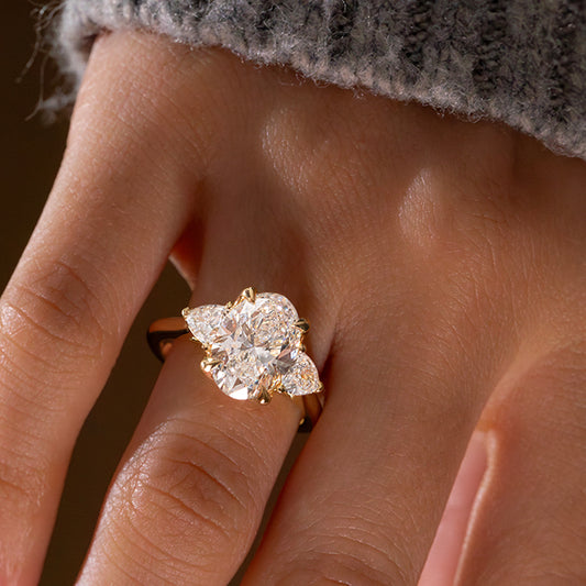 4.00 Carat Lab Grown Oval Diamond Trilogy Ciara Engagement Ring in 14K Yellow Gold