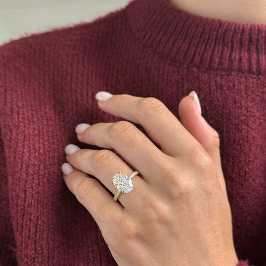 3.80 Carat Lab Grown Oval Diamond Hidden Halo Jennifer Engagement Ring in 14K Yellow Gold
