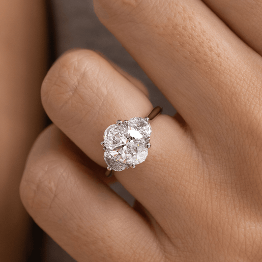 2.10 Carat Lab Grown Oval Diamond Moonlight Trilogy Engagement Ring in Platinum