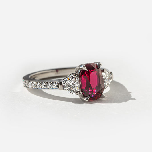 2.50 Carat Lab Grown Oval Ruby Mozambique Trilogy Engagement Ring in Platinum