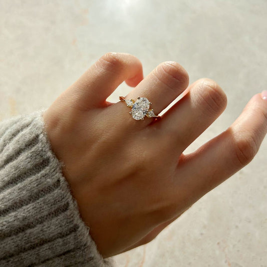 1.65 Carat Lab Grown Oval Diamond Trilogy Anam Cara Engagement Ring in 14K Yellow Gold