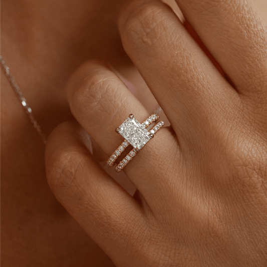 2.15 Carat Lab Grown Radiant Diamond Hidden Halo Band Two Tone Sadie Engagement Ring in Platinum