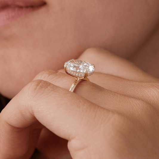 4.15 Carat Lab Grown Oval Diamond Hidden Halo Kate Engagement Ring in 14K Yellow Gold