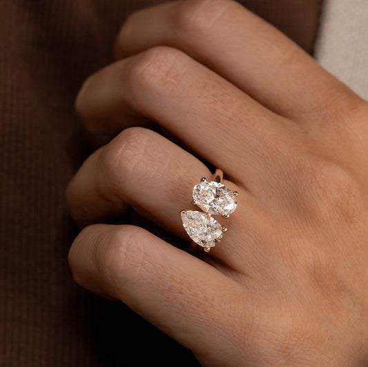 4.00 Carat Lab Grown Pear Diamond Toi Et Moi Engagement Ring in 14K Yellow Gold