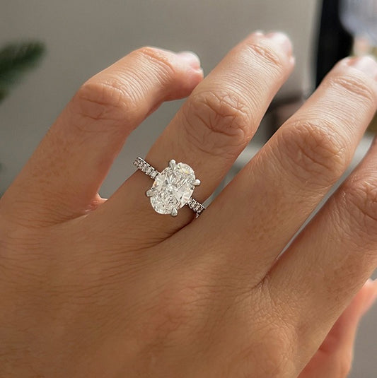 3.40 Carat Lab Grown Oval Diamond Hidden Halo Band Sadie Engagement Ring in 14K White Gold