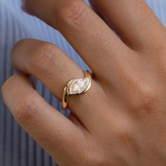 1.00 Carat Lab Grown Marquise Diamond Bezel Set Ring Naia Engagement Ring in 14K Yellow Gold