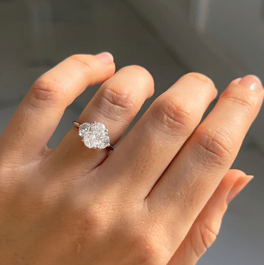 2.10 Carat Lab Grown Oval Diamond Trilogy Moonlight Engagement Ring in Platinum