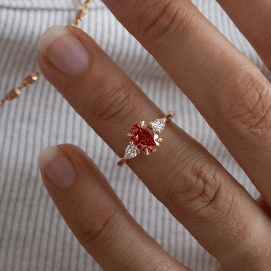1.40 Carat Lab Grown Pear Diamond Pink Trilogy Vivian Engagement Ring in 14K Yellow Gold