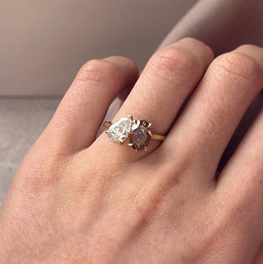 3.23 Carat Natural Oval Diamond Toi Et Moi Natural Brown Engagement Ring in 14K Yellow Gold