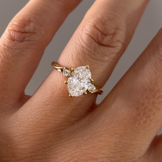 1.61 Carat Lab Grown Oval Diamond Trilogy Alani Engagement Ring in 14K Yellow Gold