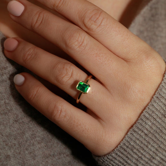 1.38 Carat Lab Grown Emerald Chloe Zambian Bezel Set Engagement Ring in 14K Gold